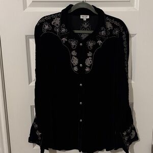 Black Embroidered velvet western Button-Up Shirt